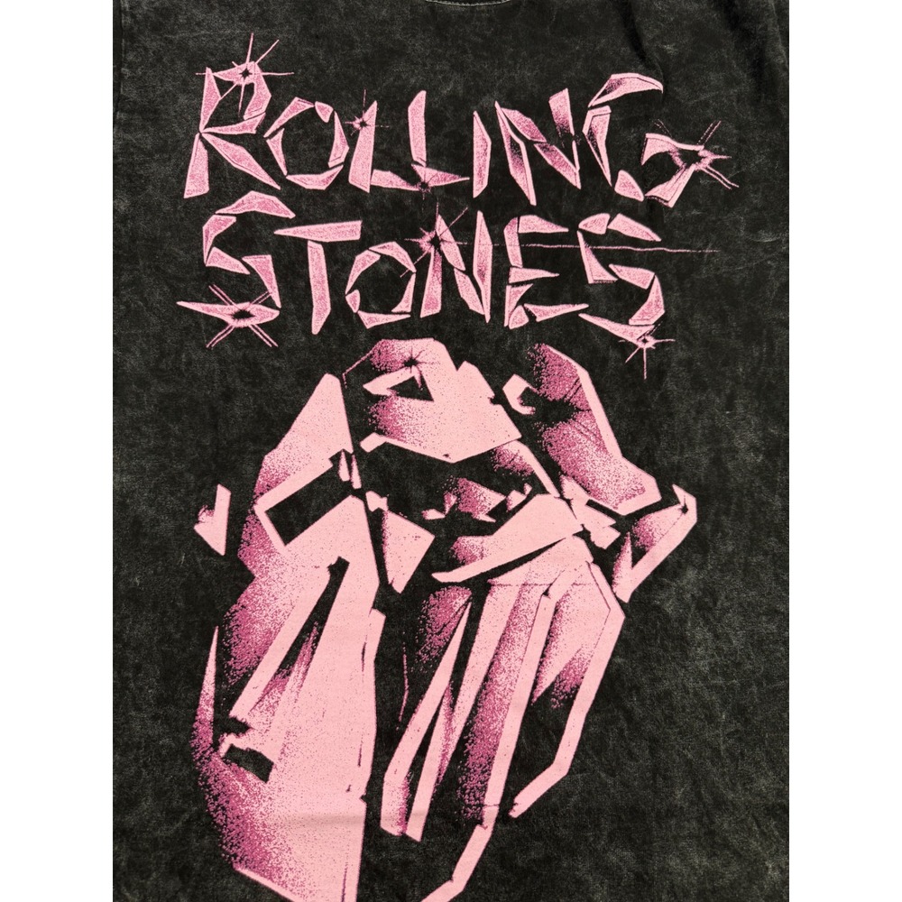 Rolling Stones Pink Crystal Tongue Graphic T-Shirt Black Mineral Wash Small
